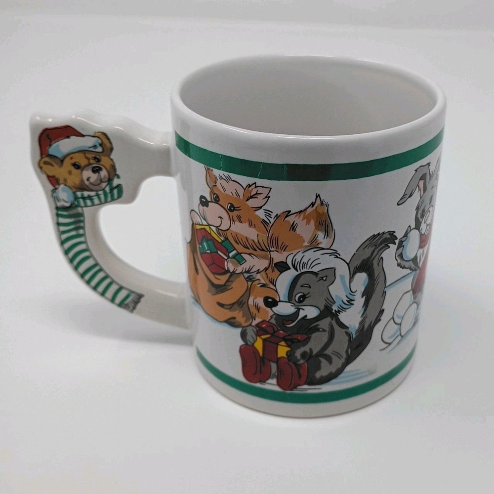 1989 The Love Mug Christmas Teddy Bear Handled Coffee Santa Penguins Skunk Fox - Picture 5 of 10